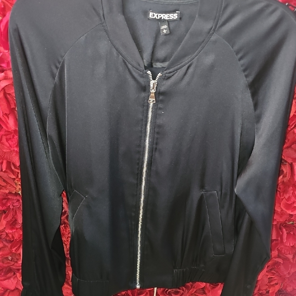 Express Women's Black Polyester/Spandex Bomber Zip Up Jacket Like NEW Size Large